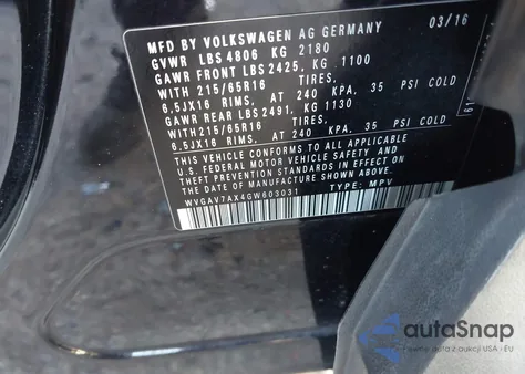 2016 Volkswagen Tiguan S z USA, uszkodzony, nr VIN WVGAV7AX4GW603031